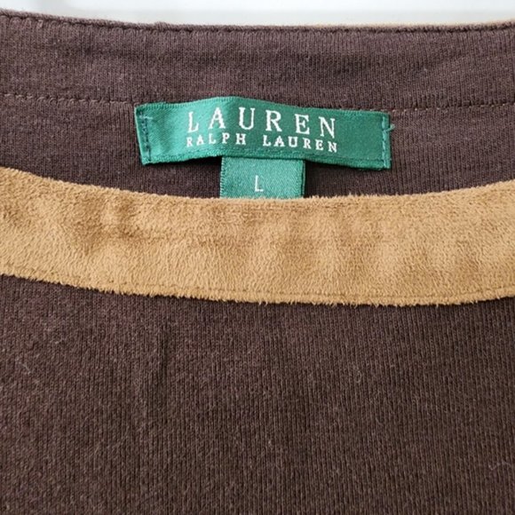 Ralph Lauren Chocolate Brown & Tan Suede Collar 3/4 Sleeve 100% Cotton Top L - Picture 6 of 7